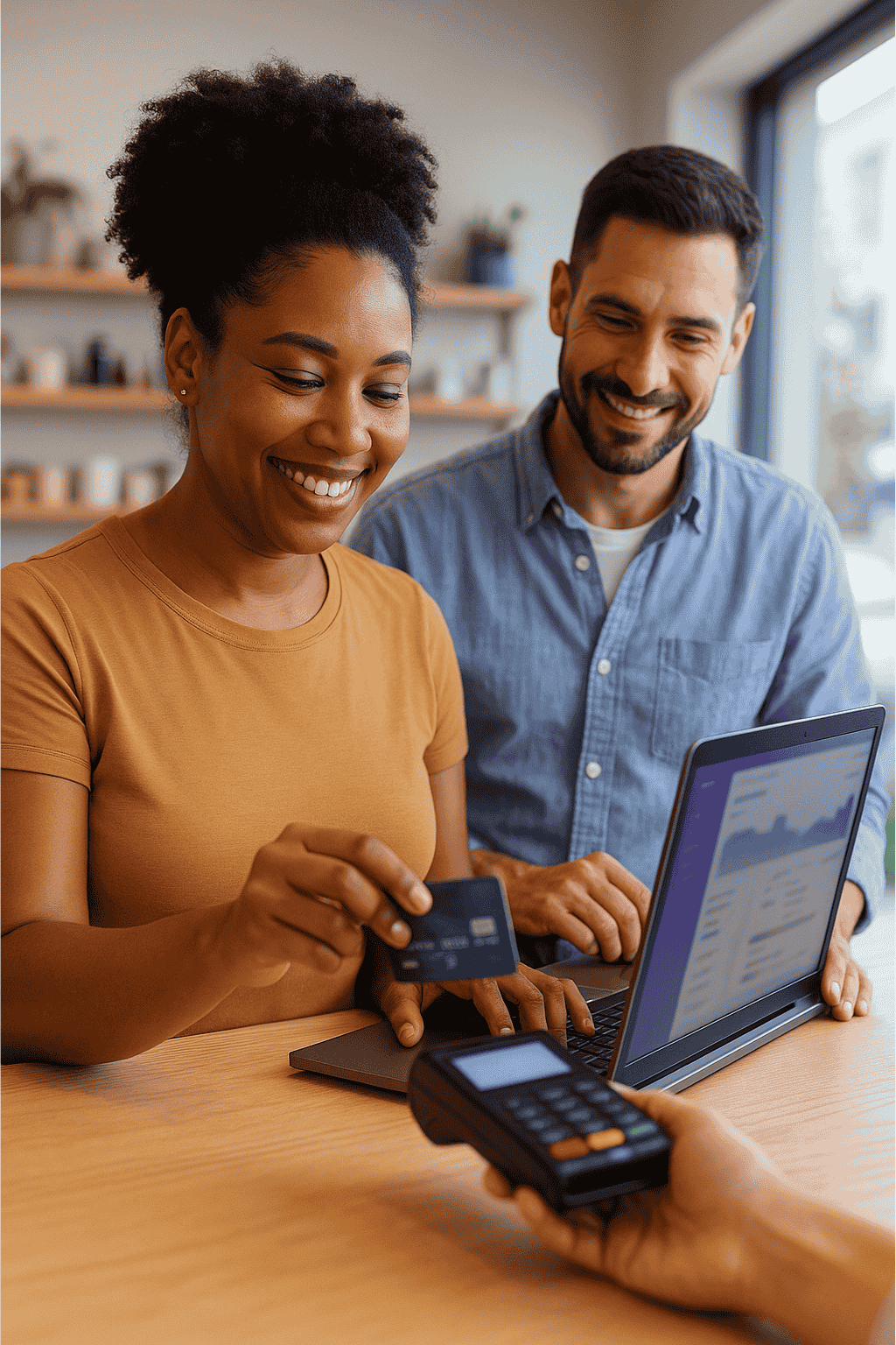 Business owner accepting a card payment while viewing the PayConnect dashboard